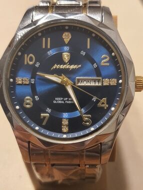 Poedagar Silver/Goldtone/Blue Stainless Steel Men's Watch w/Day-Date